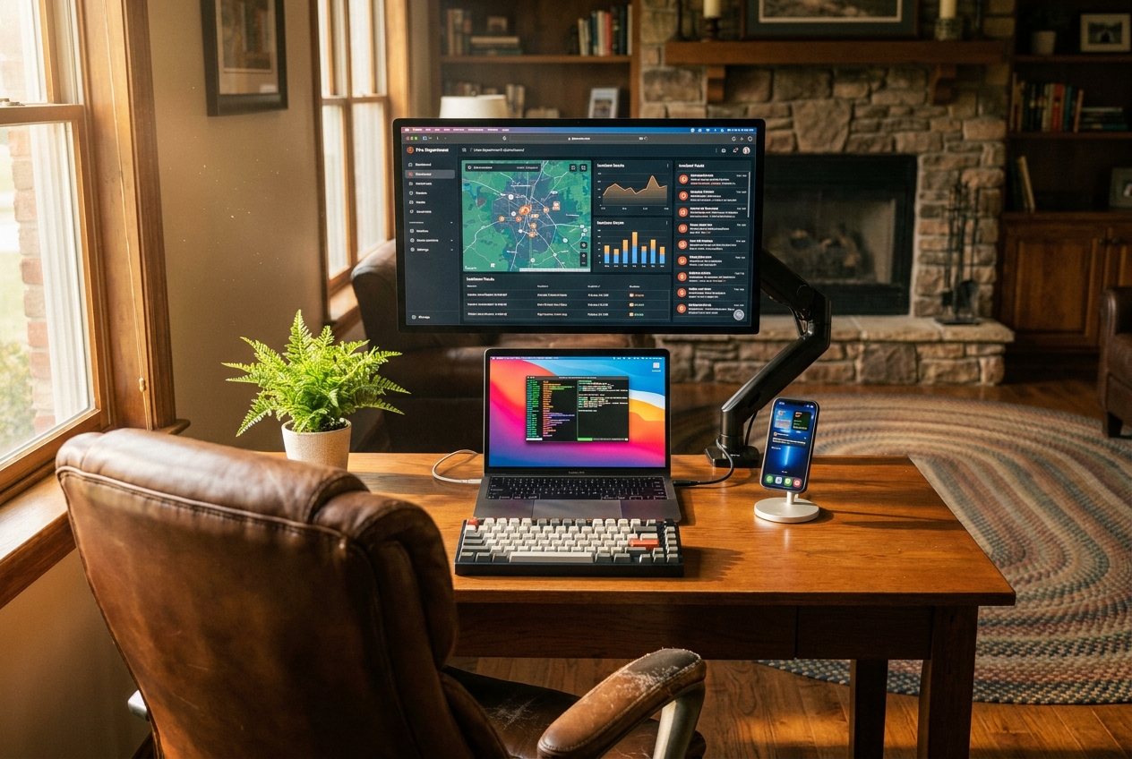Home office desk with Studio Display running a fire department dashboard, MacBook Pro with a live terminal, iPhone on a MagSafe stand, mechanical keyboard, and a plant by a sunlit window