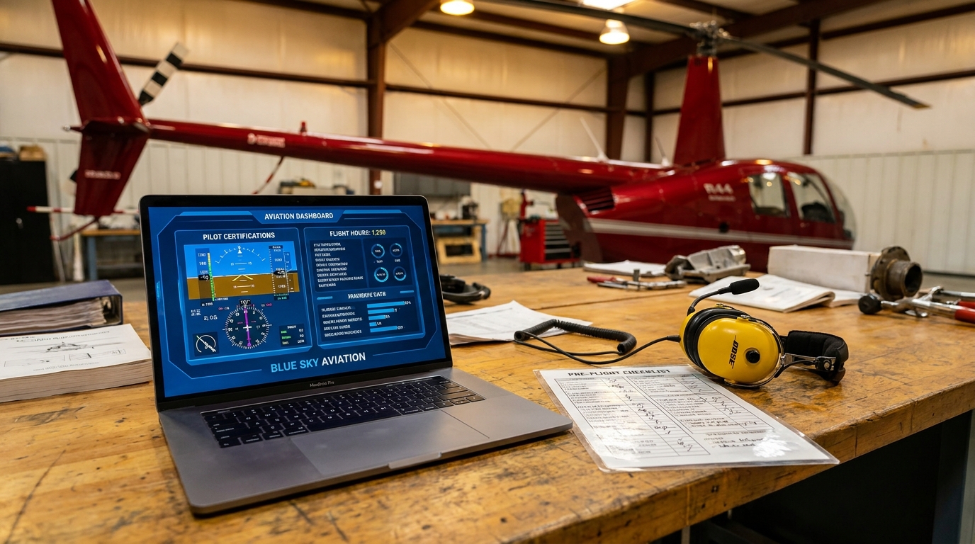 Aviation training records dashboard on a MacBook Pro in a hangar next to a Robinson R44 helicopter