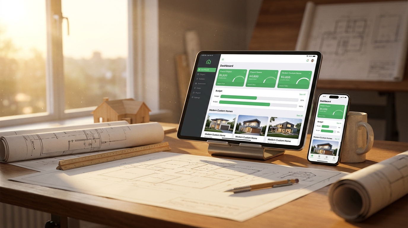 Custom home builder project dashboard on iPad and iPhone atop paper blueprints at a drafting table
