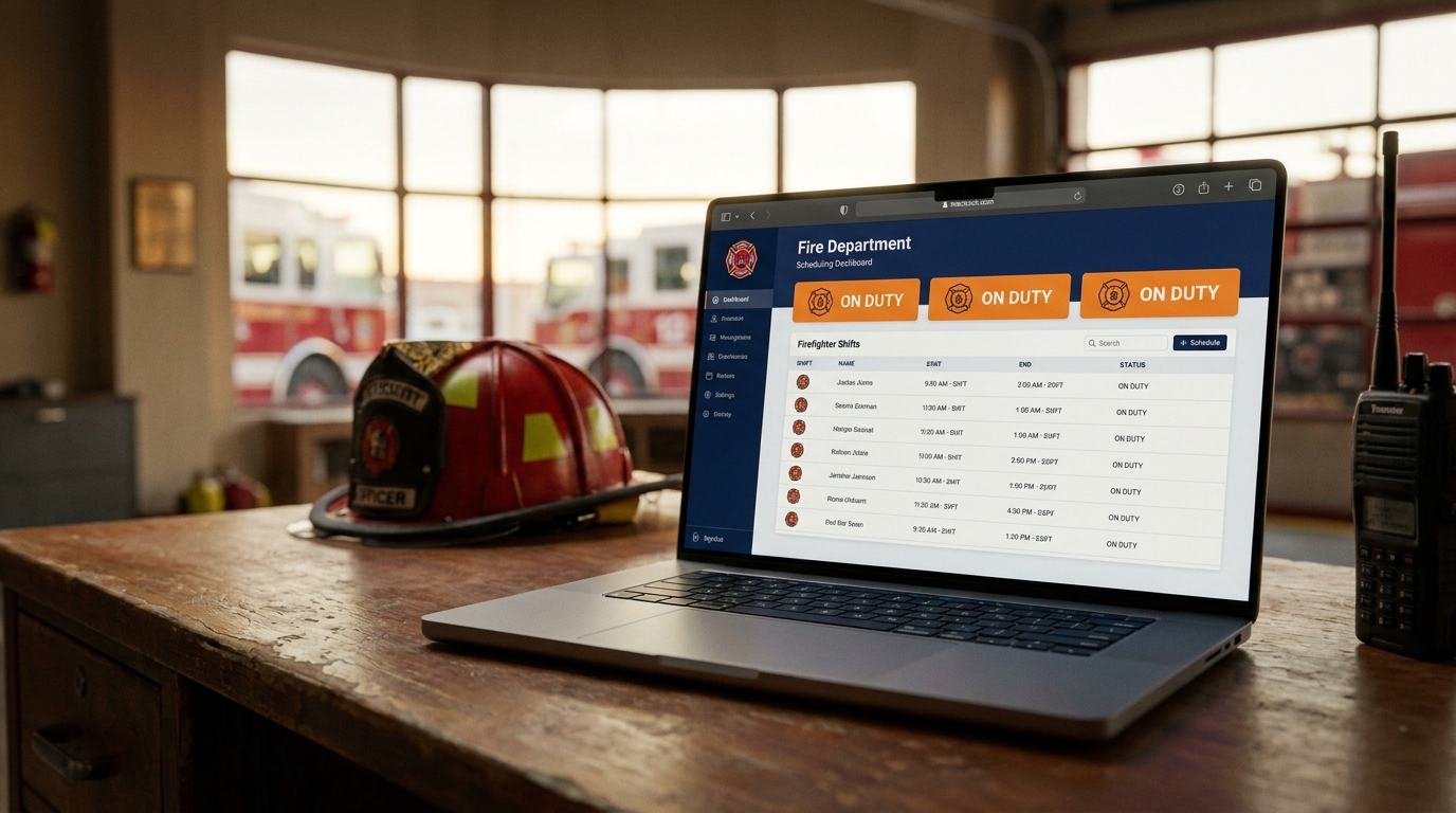 Fire department scheduling dashboard on a MacBook Pro in a station office with helmet and radio