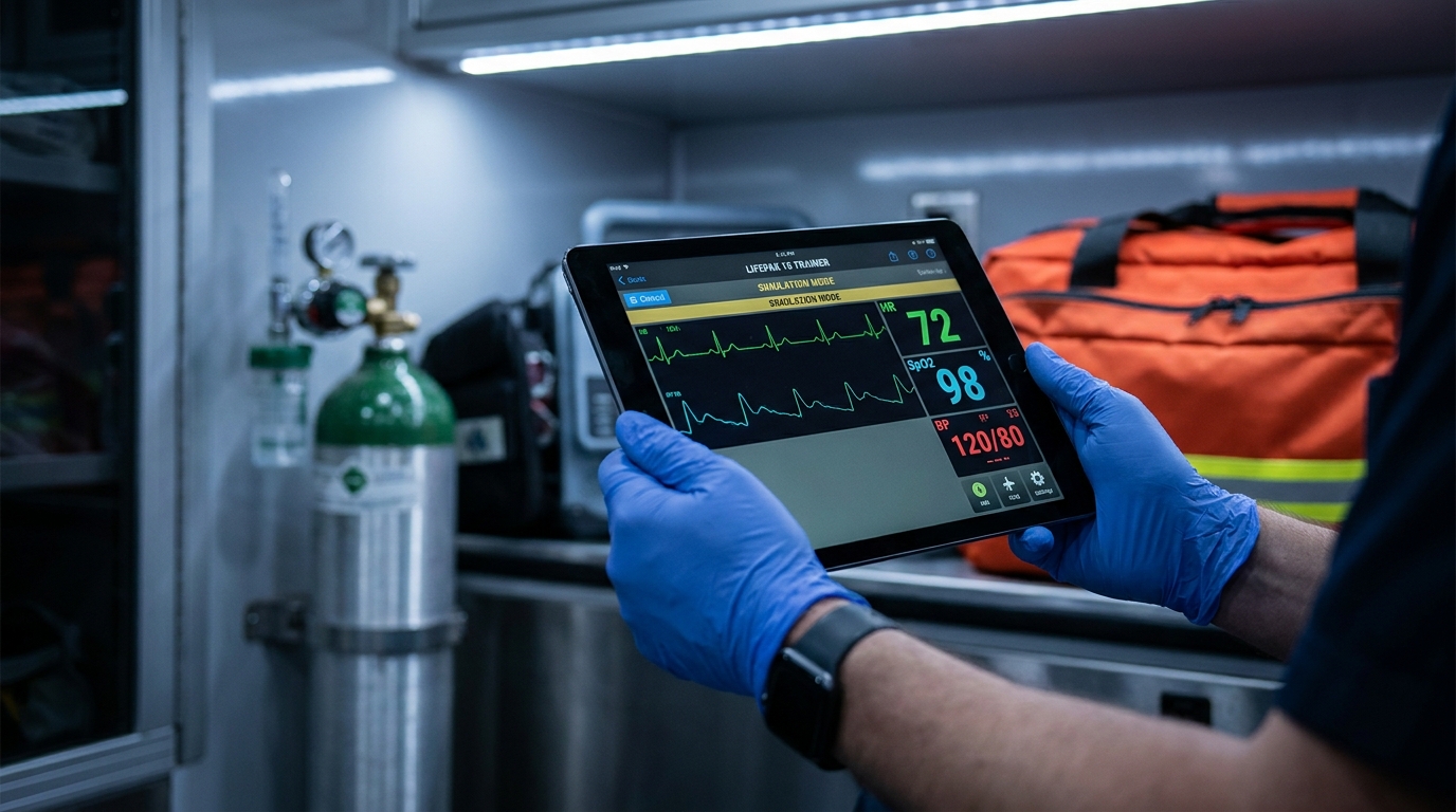 Paramedic in gloved hands running an iPad LIFEPAK 15 training simulator inside an ambulance