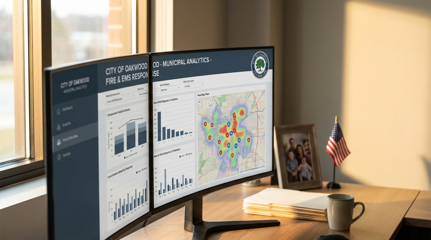 Municipal fire and EMS analytics dashboard across dual curved monitors in a city hall office