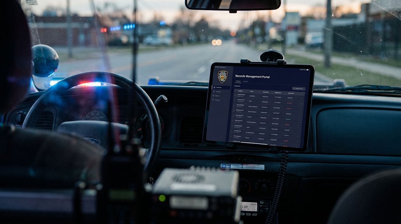 Records management portal on an iPad in a patrol car center console at dusk