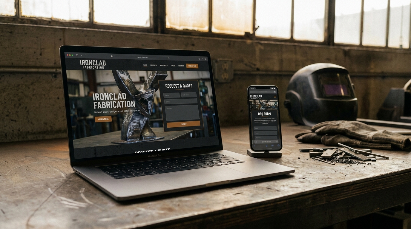 Small-business marketing site and RFQ form shown on MacBook Pro and iPhone in a metal fabrication shop