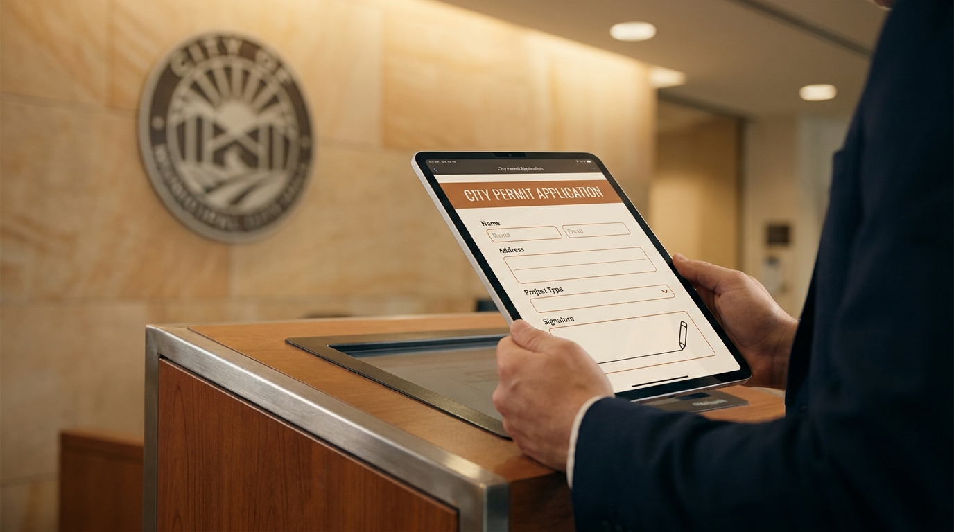 A citizen holding an iPad in a city hall lobby filling out a digital permit application with a city seal on the wall behind