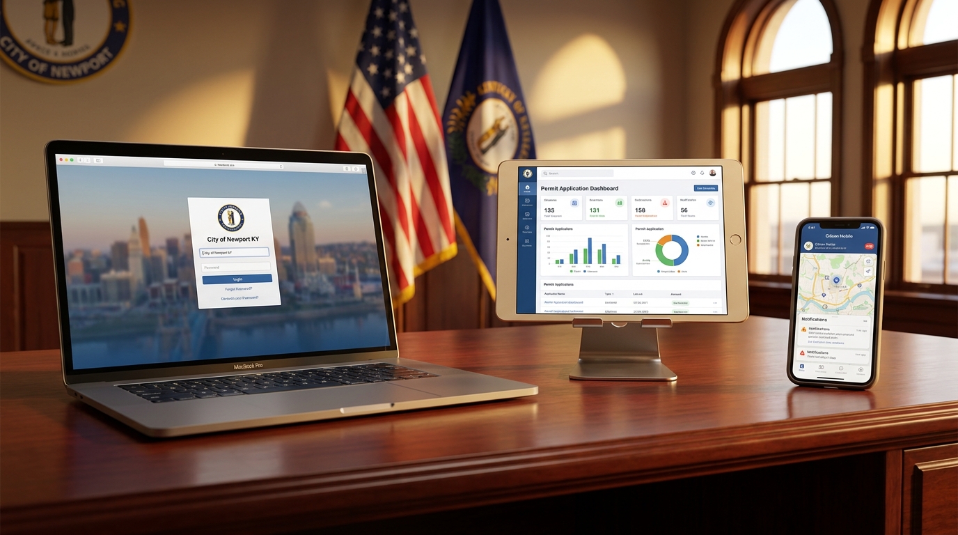 City of Newport KY government portal shown across a MacBook Pro login, iPad permit application dashboard, and iPhone citizen mobile view on a mayor's mahogany desk