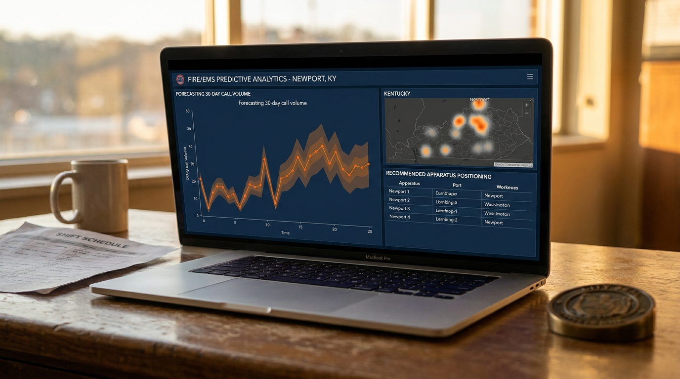 Fire/EMS predictive analytics dashboard on a MacBook Pro showing a 30-day call-volume forecast, Kentucky incident heatmap, and recommended apparatus positioning table