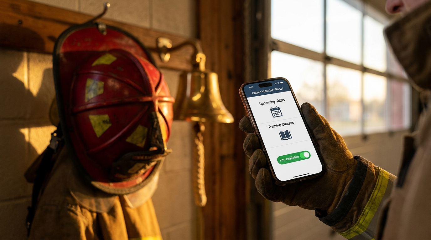 A volunteer firefighter's gloved hand holding an iPhone with an 'I'm Available' toggle in a citizen volunteer portal, brass station bell in soft focus