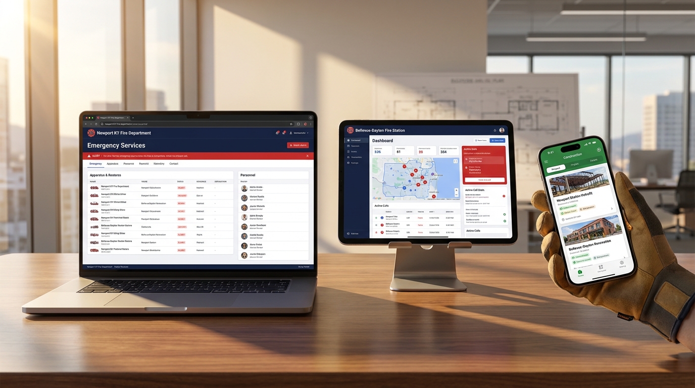 Newport Fire/EMS on MacBook, Bellevue-Dayton Fire/EMS on iPad, and C&H Builders on iPhone