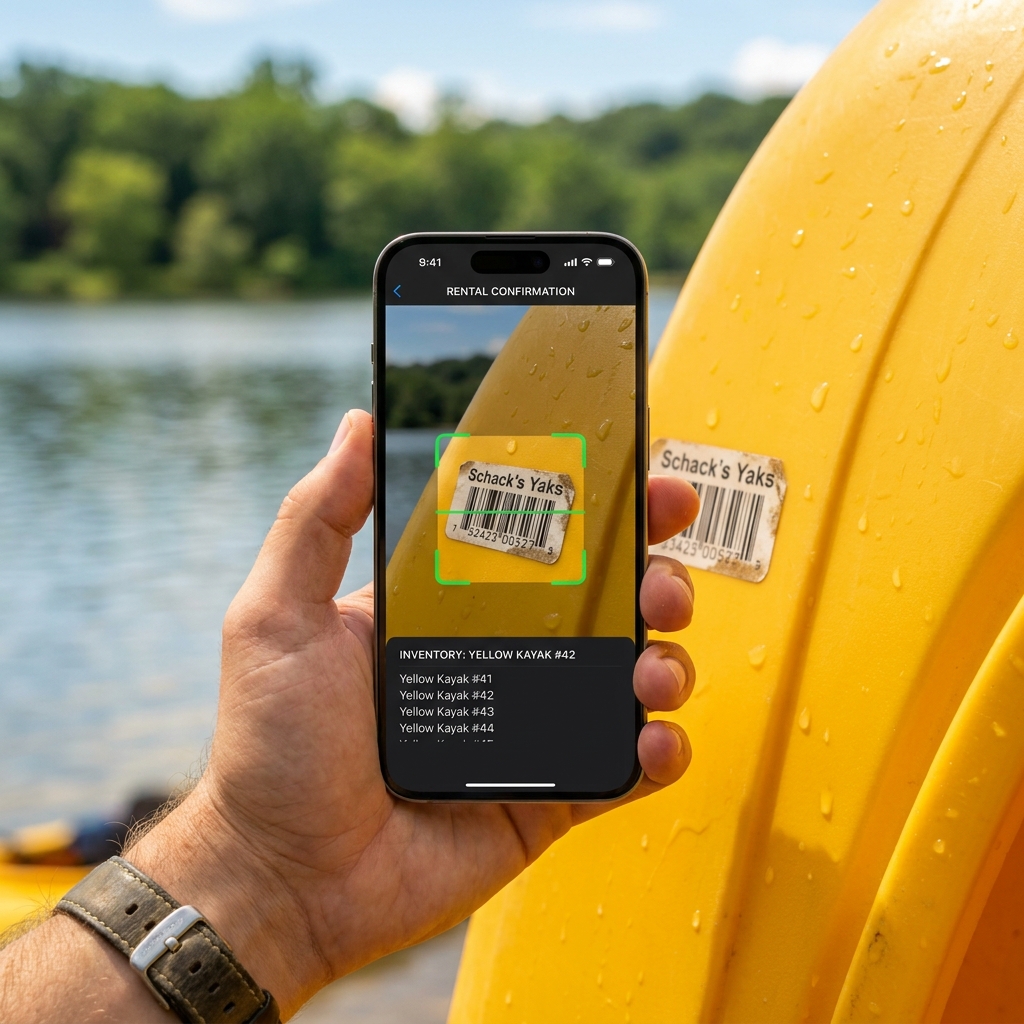 iPhone barcode scanner reading a Schack&rsquo;s Yaks tag on a yellow kayak lakeside