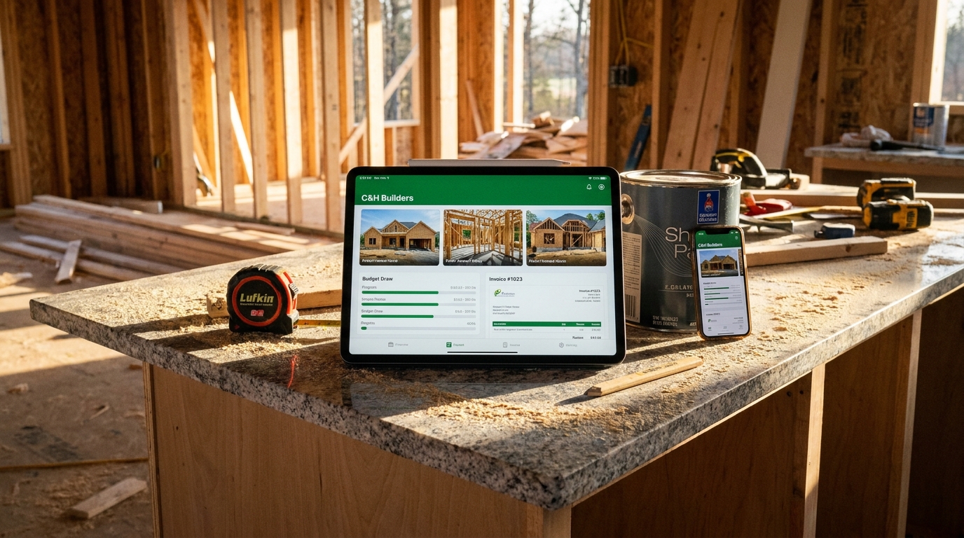 C&H Custom Builders project dashboard on iPad on a granite kitchen island inside an unfinished custom home