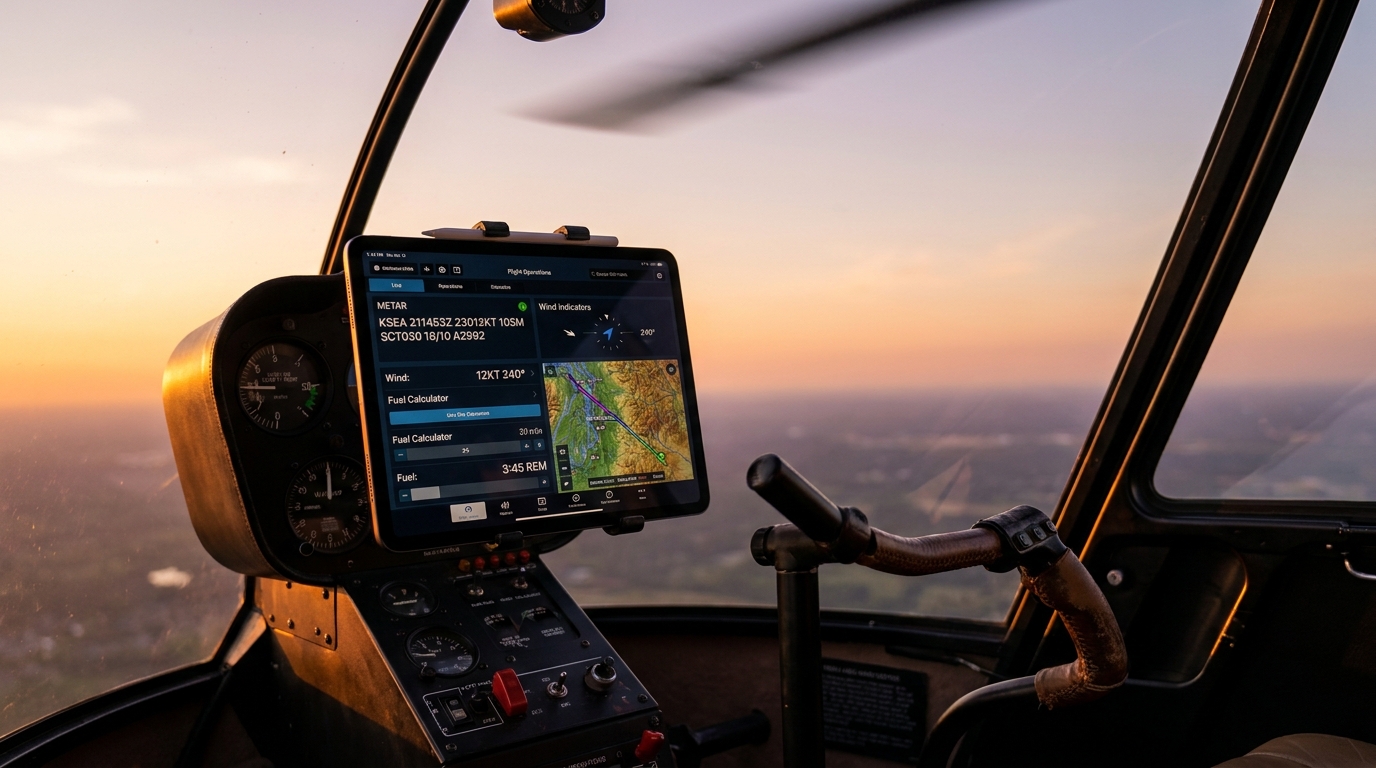 Robinson R44 helicopter cockpit iPad with live METAR weather and flight ops dashboard