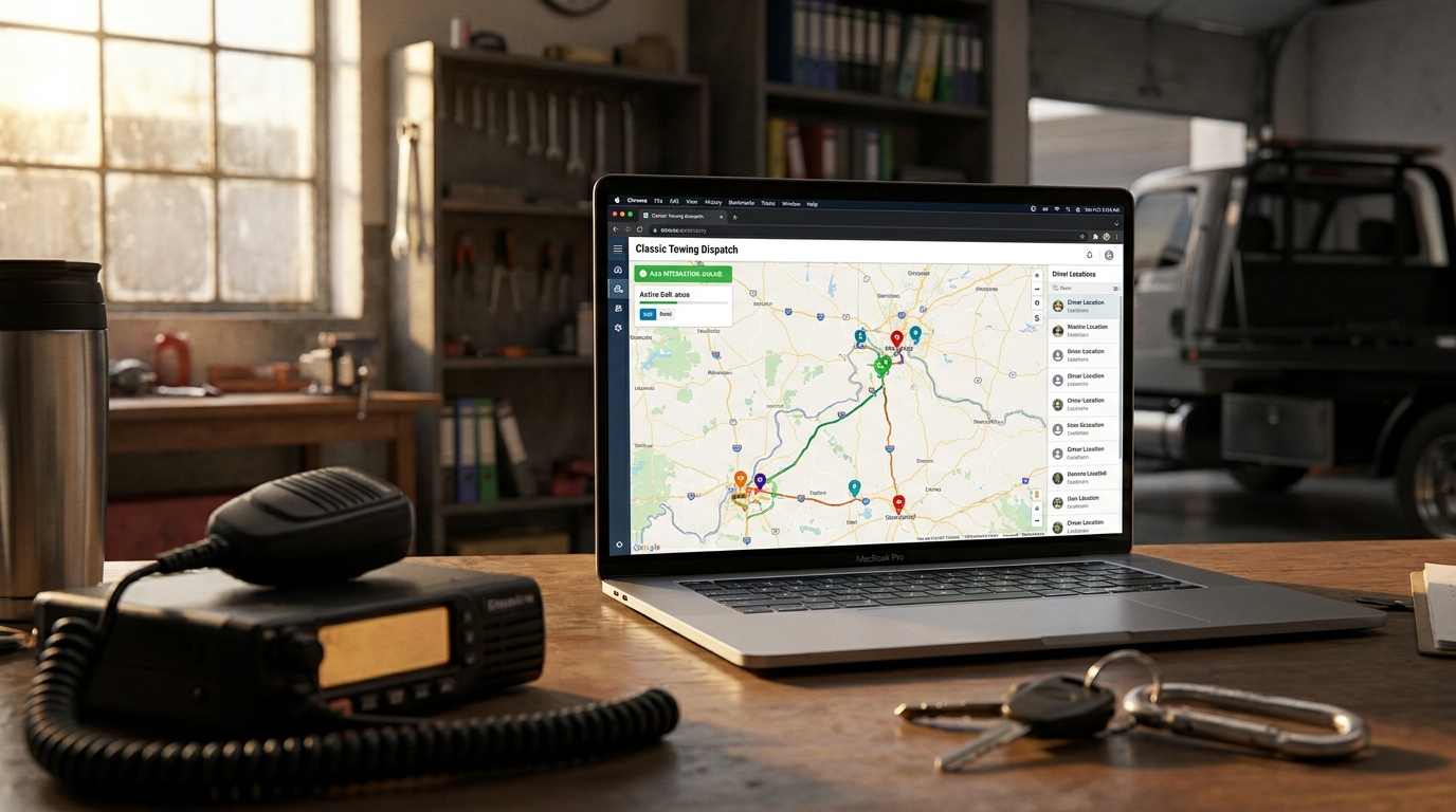 Classic Towing dispatch app on MacBook Pro showing a Northern KY map with active tow routes, driver locations, and dispatch radio next to it