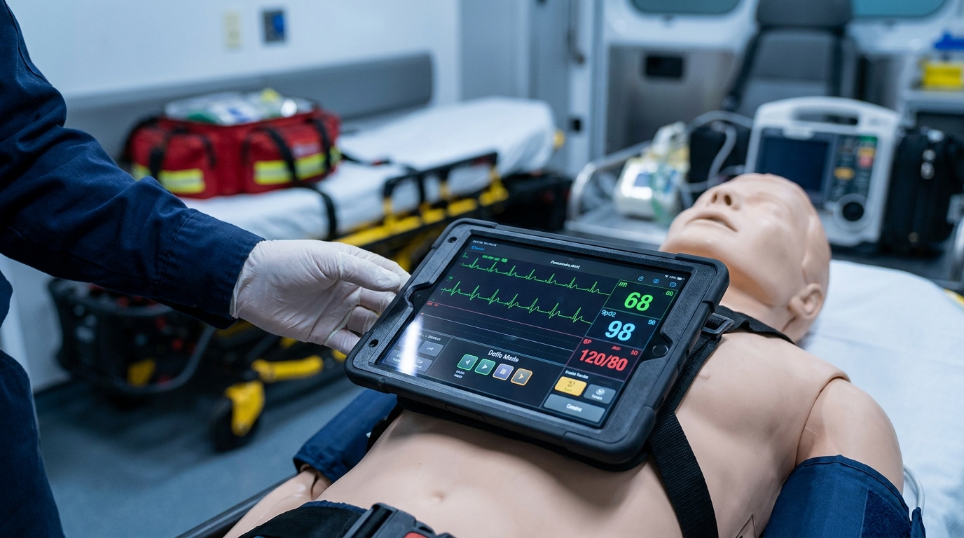 iPad running a LIFEPAK 15 defibrillator training simulator strapped to a paramedic training manikin