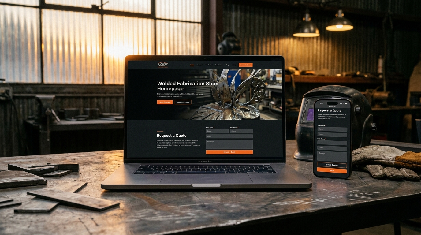 Marx Fabrication marketing site with RFQ form on MacBook Pro and iPhone in a metal shop at sunset