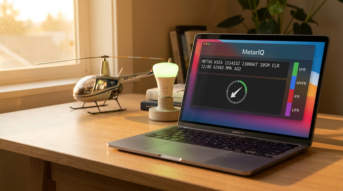 MetarIQ aviation weather app on MacBook Pro with a Philips Hue smart bulb glowing green for VFR conditions and a Robinson R44 model on the desk
