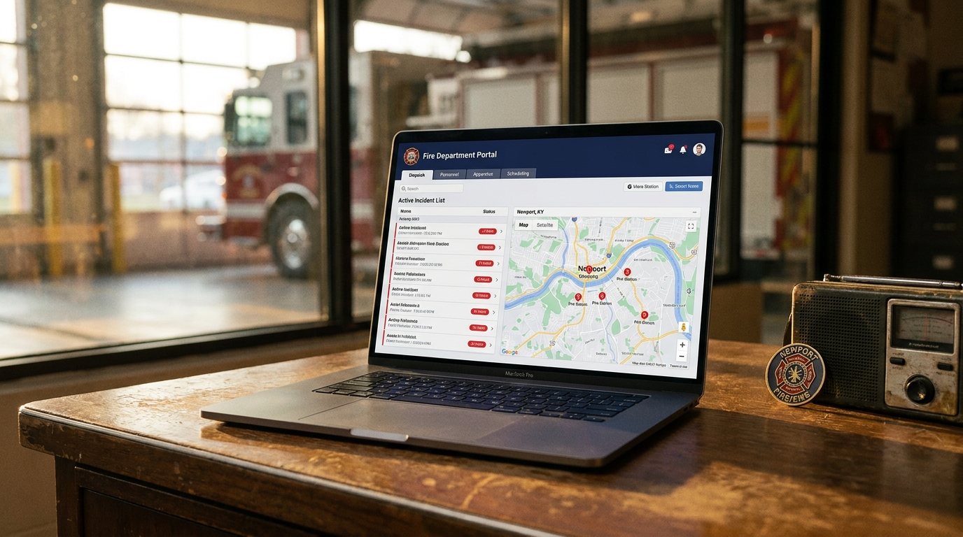Newport Fire Department portal with active-incident list and map on MacBook Pro in a station office with fire engine bay behind