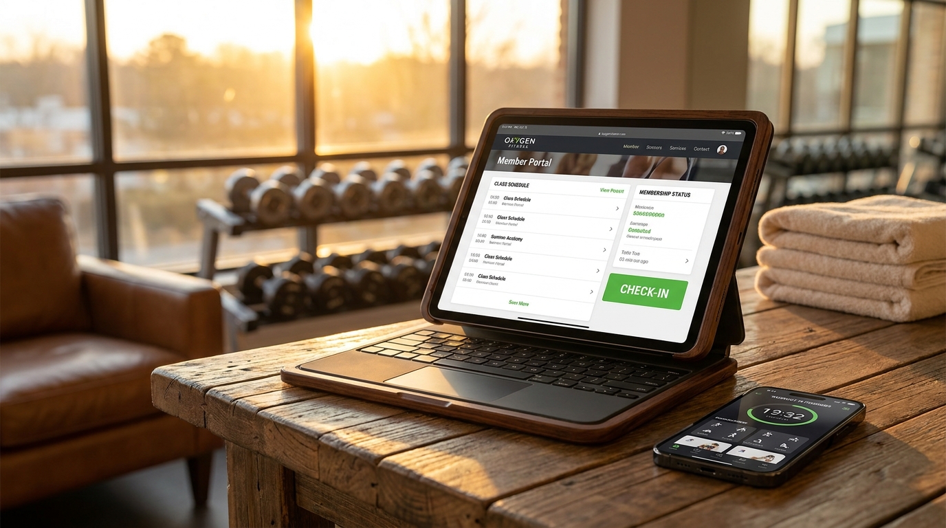 Oxygen Fitness member portal on iPad + workout timer on iPhone at a Somerset KY boutique gym front desk with dumbbells behind