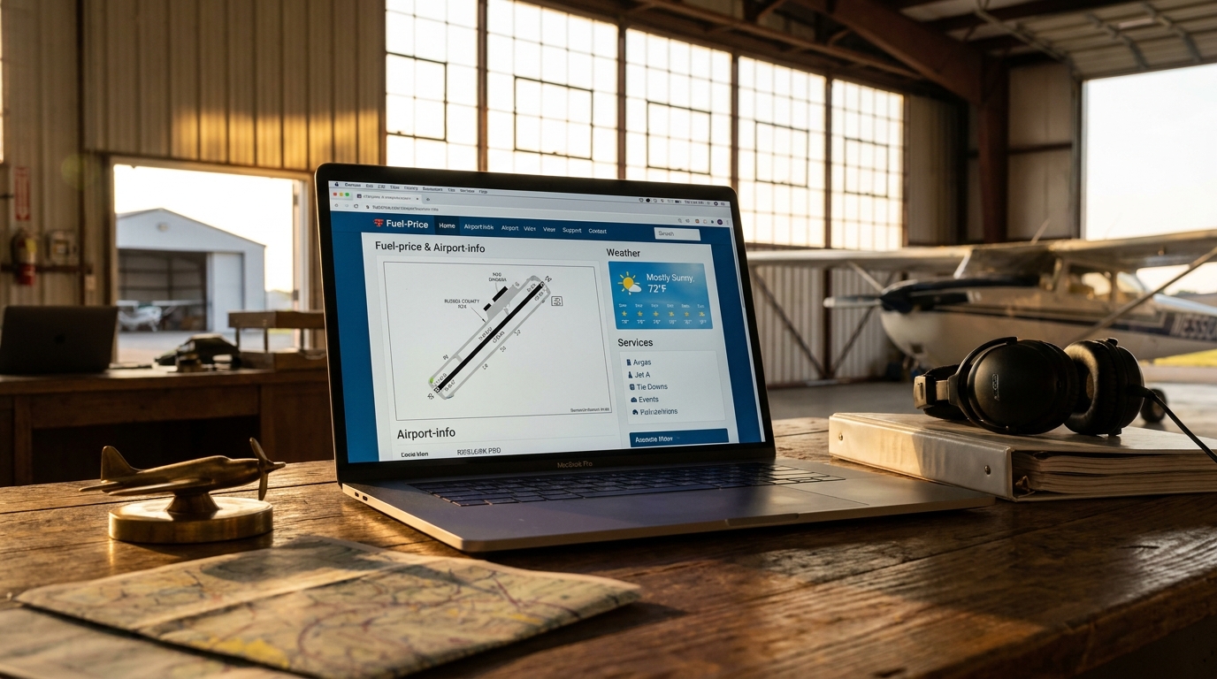 Russell County Airport K24 fuel-price and airport-info site on a MacBook Pro in a Kentucky hangar with Cessna behind