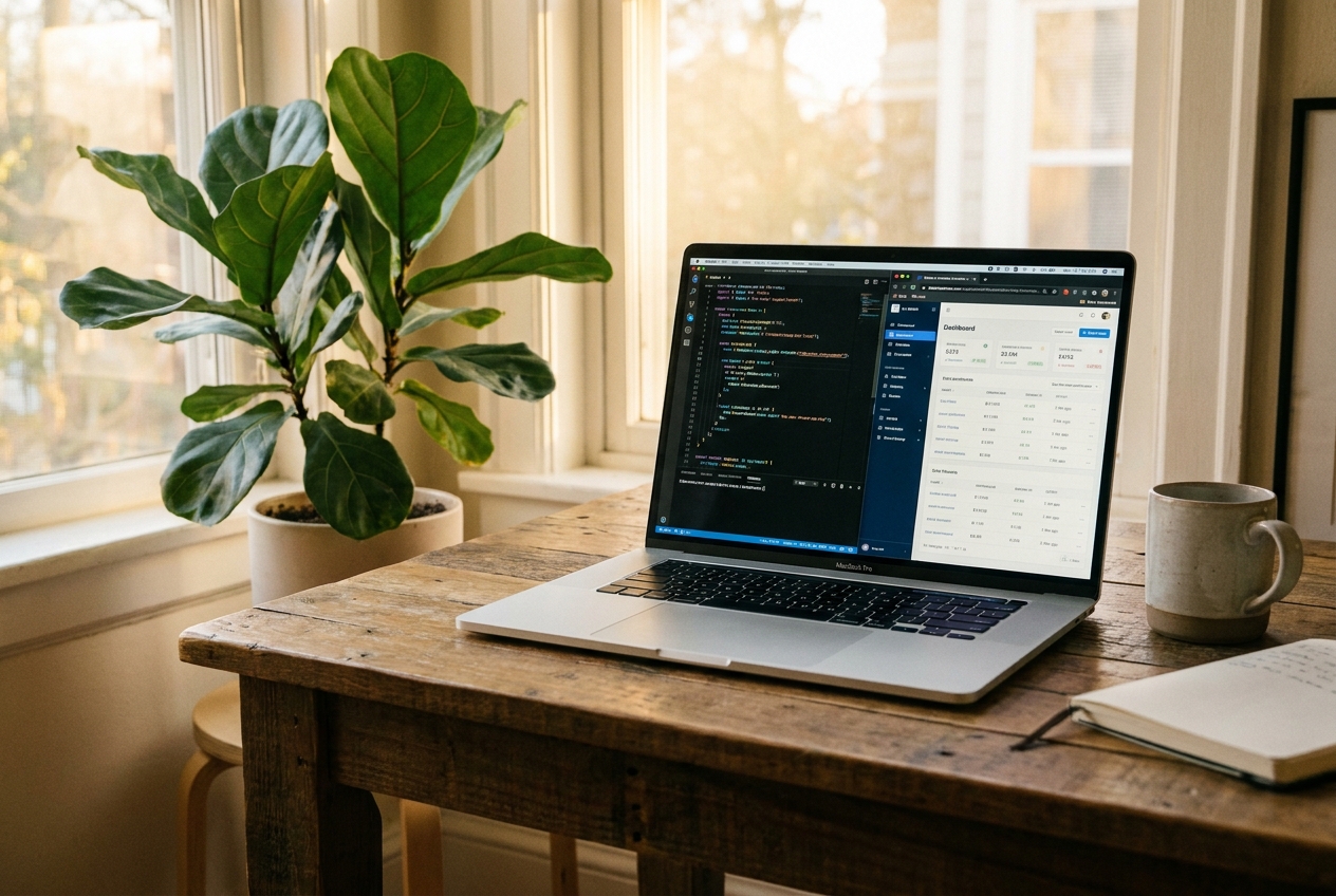 MacBook Pro split view: code editor beside a live browser preview of the working dashboard