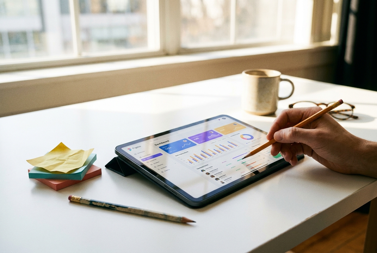 Clickable dashboard mockup on an iPad with a designer's hand annotating with sticky notes