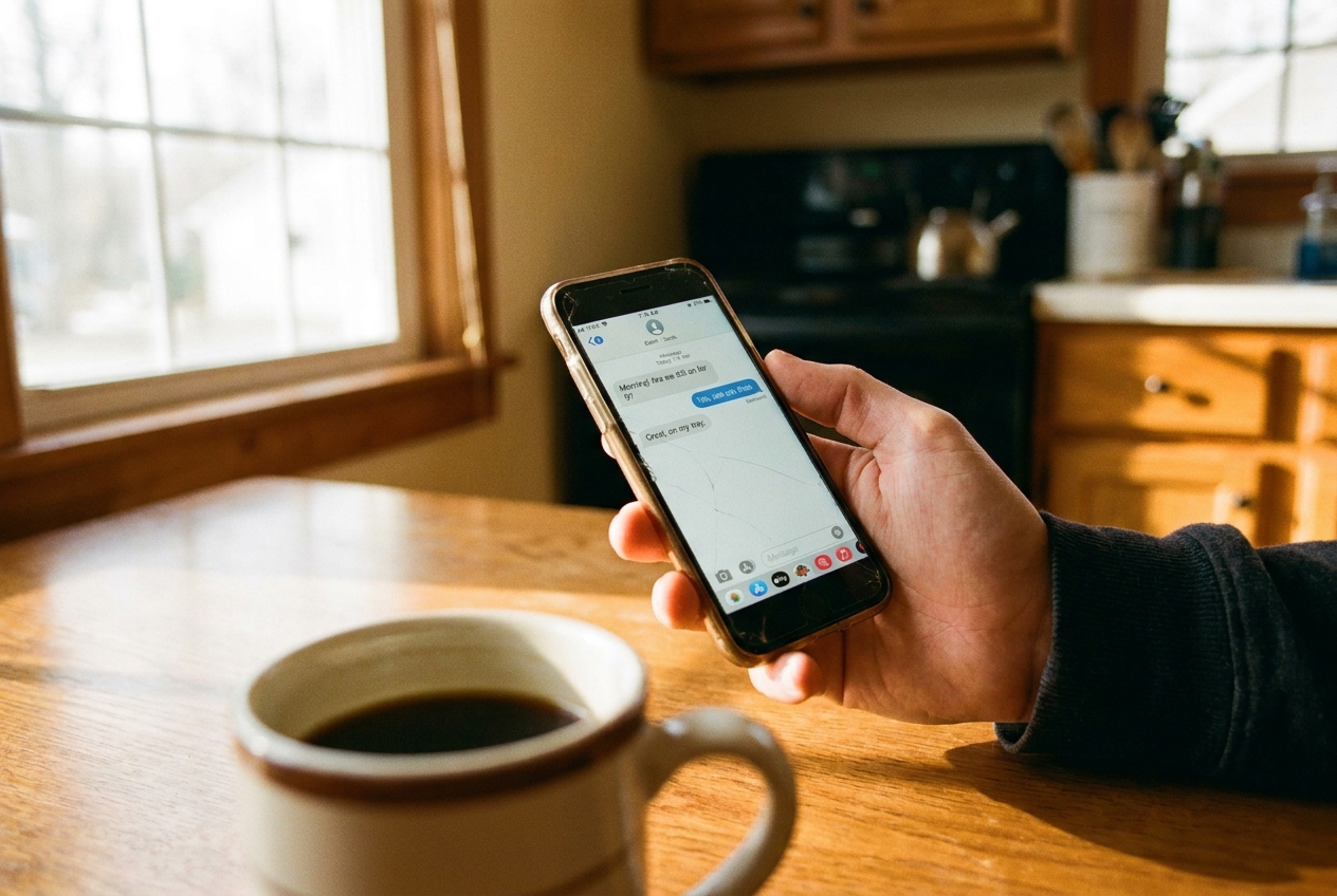 iPhone in hand showing an early-morning support text thread with a client, coffee mug in soft focus
