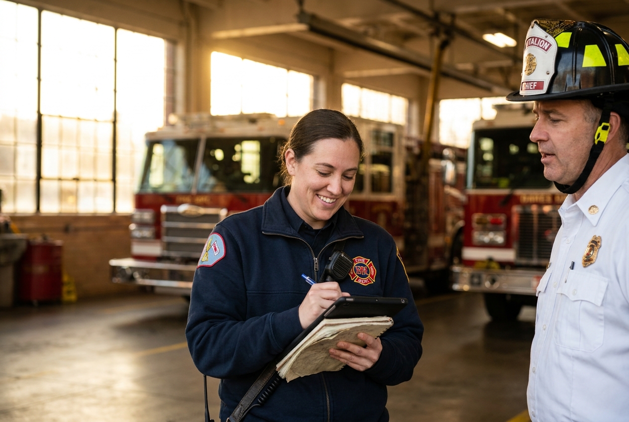 A ResponseIQ team member on site at a fire station taking notes on an iPad next to a battalion chief