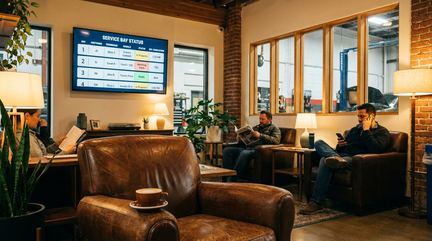 An auto repair customer waiting area with a large wall-mounted digital signage screen showing service bay status cards with technician names and estimated completion times