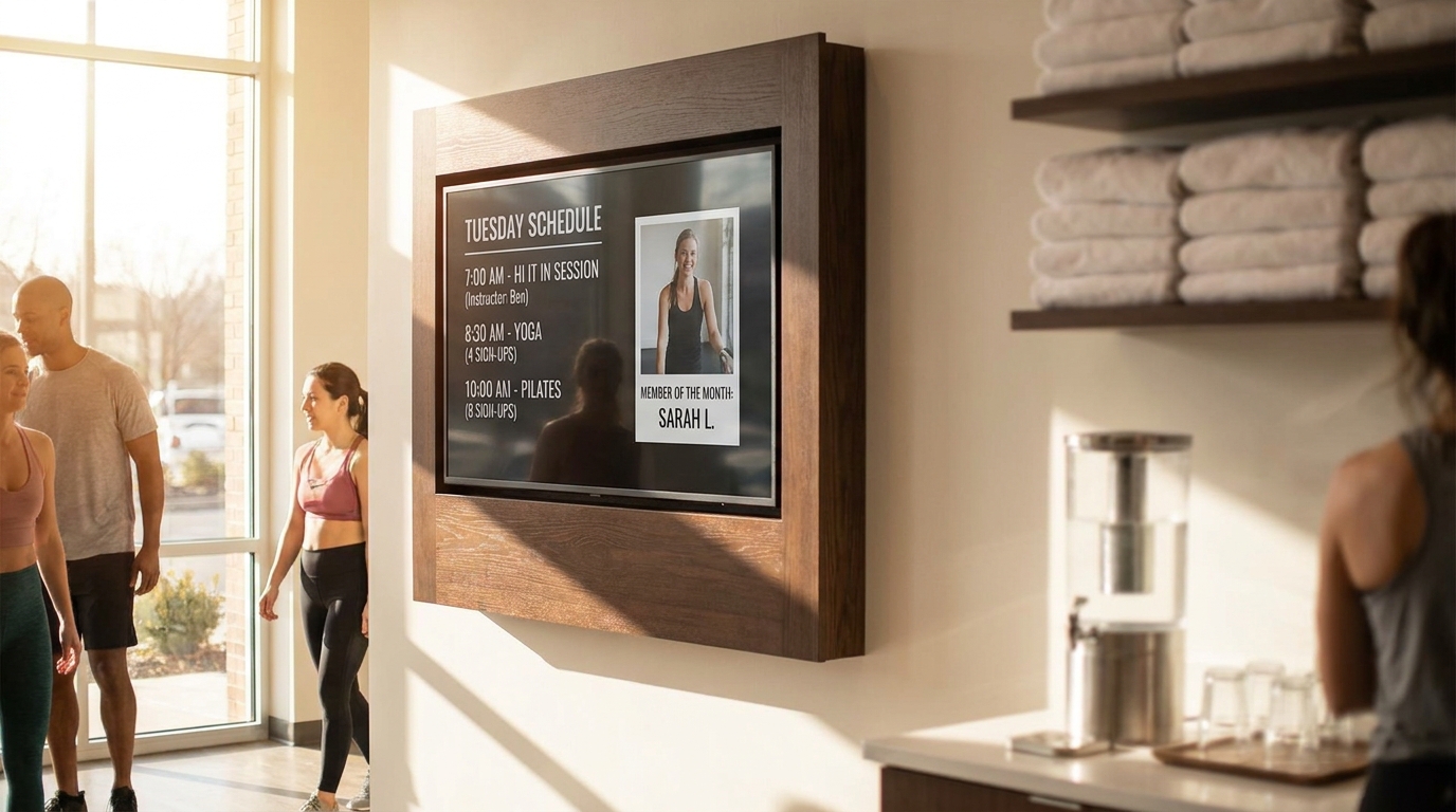A gym lobby with a large wall-mounted digital signage screen showing today's class schedule, current in-session class, upcoming sign-up counts, and a member-of-the-month photo
