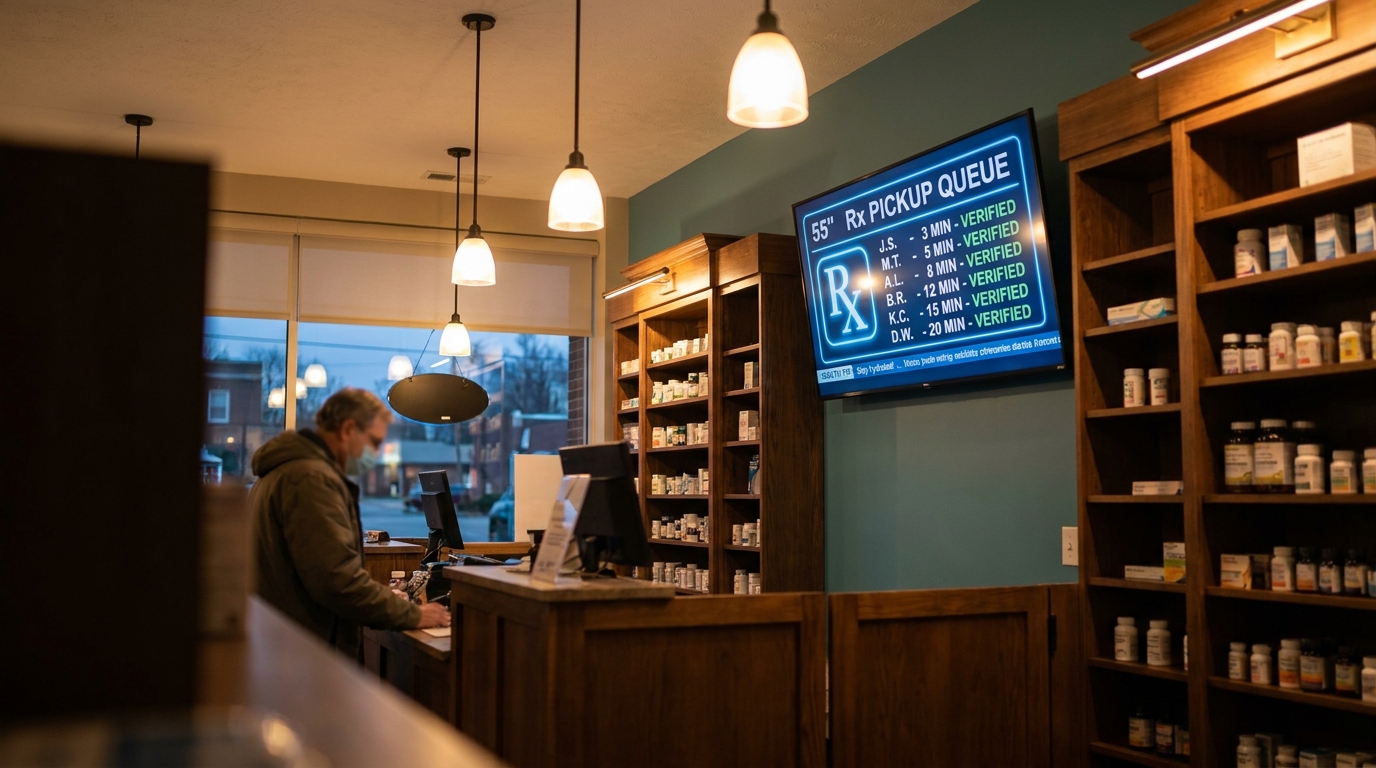 A large wall-mounted digital signage screen behind a Kentucky pharmacy counter showing a live Rx pickup queue with wait times and status badges