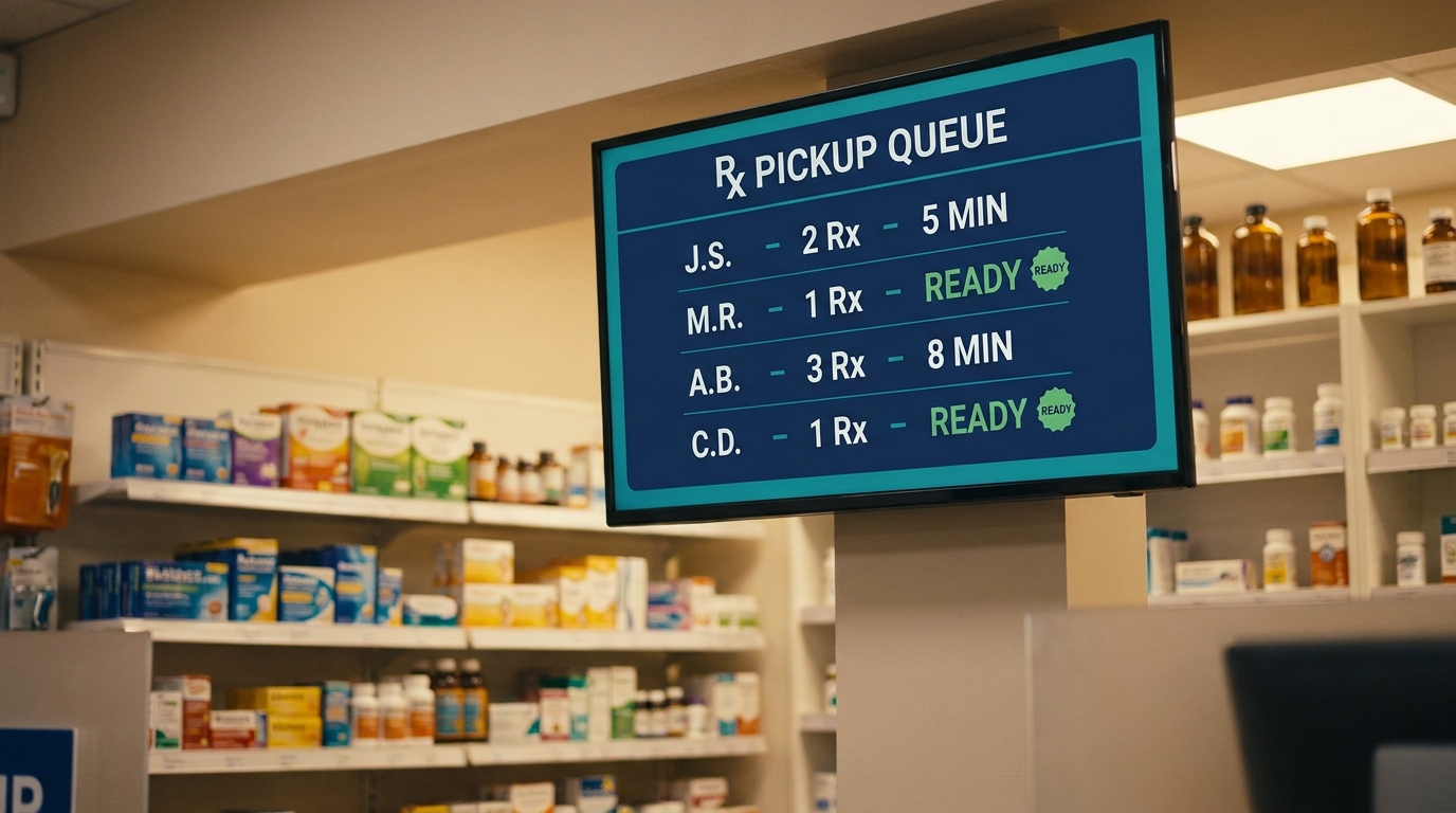 A wall-mounted digital signage screen in a pharmacy showing an Rx pickup queue with patient initials, wait times, and ready badges