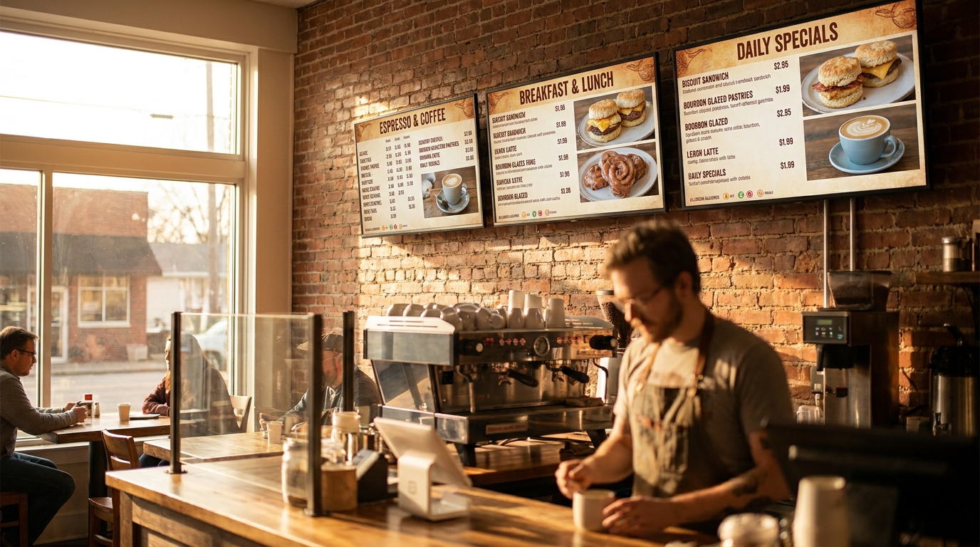 A row of three wall-mounted digital menu boards in a small independent coffee shop showing beverages, food items with photos, allergen icons, and daily specials