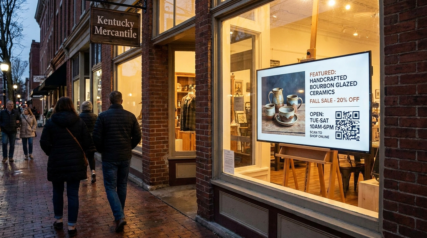 A small independent Kentucky storefront at twilight with a bright digital signage screen in the window showing featured products, promotions, hours, and a QR code