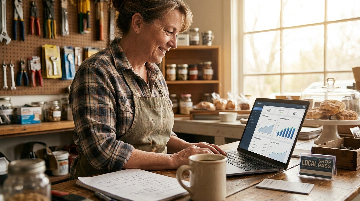 A Kentucky small business owner smiling at her MacBook Pro at a rustic shop counter, running her own custom business dashboard