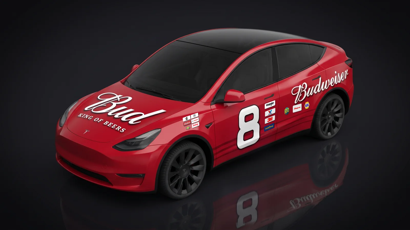 Illustration: a red Tesla Model Y wearing the Budweiser #8 wrap, with the script Bud and KING OF BEERS on the hood, a white 8 and sponsor decals on the front door and the Budweiser script on the rear door