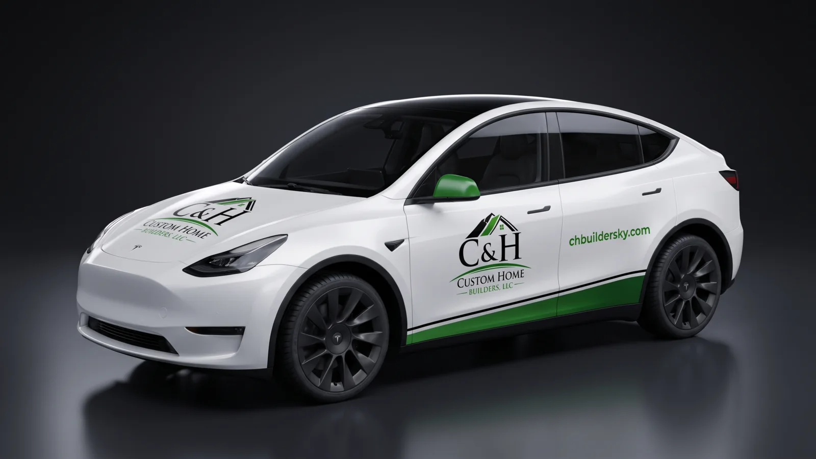 Illustration: a white Tesla Model Y wearing the C&H Custom Home Builders wrap, with the C&H logo on the hood and front door, chbuildersky.com on the rear door, green mirror caps and a green stripe along the doors