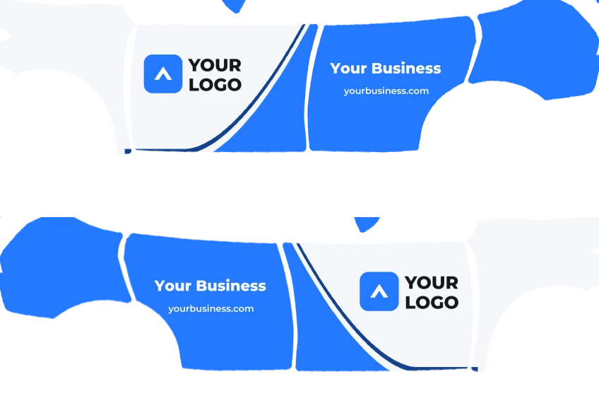 The Sweep style on a white Model Y, both sides: a stand-in logo on the front doors, the rear in blue with a pinstripe riding the curve, and the business name and website knocked out in white