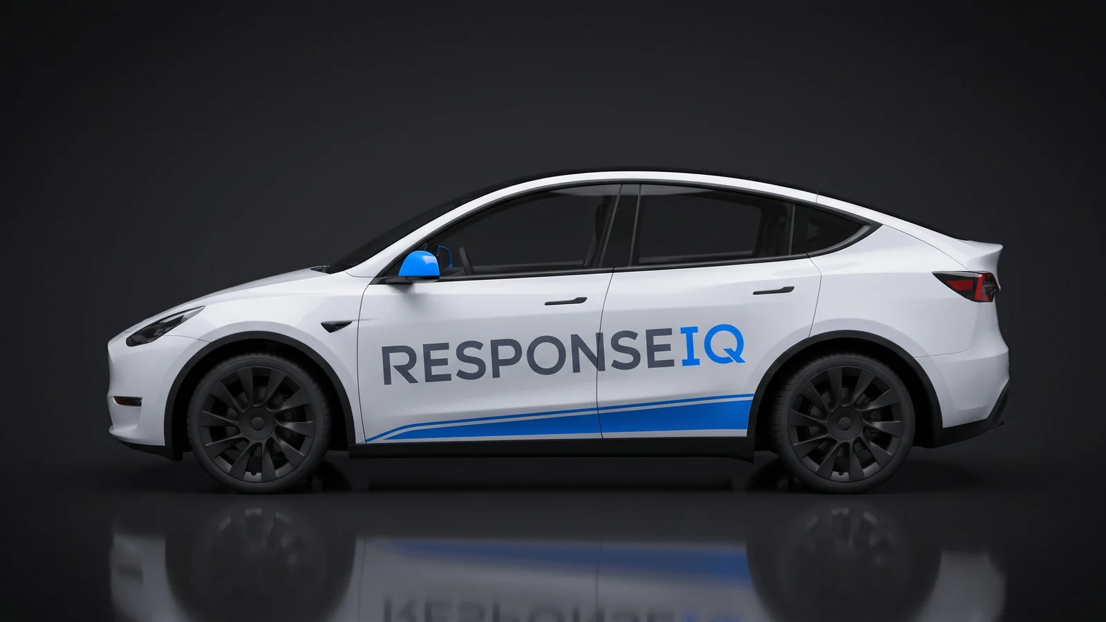 Side view of the ResponseIQ wrap: the wordmark across both doors above a tapering blue stripe